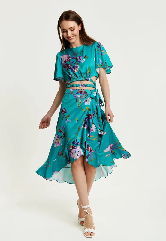 Green Floral Print Midi Wrap Skirt - Liquorish