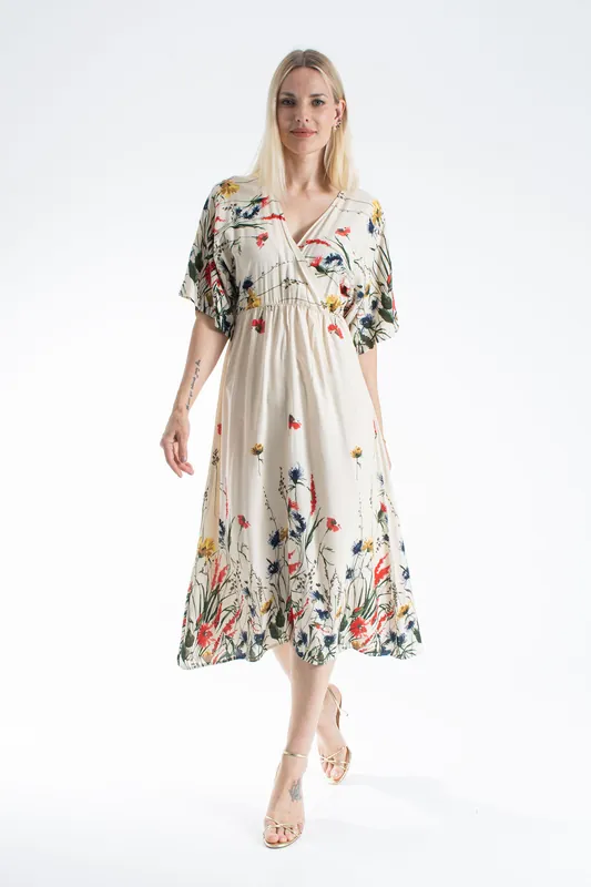 Womens Viscose Floral Print V Neck Short Sleeve Midi Dress - Belissh