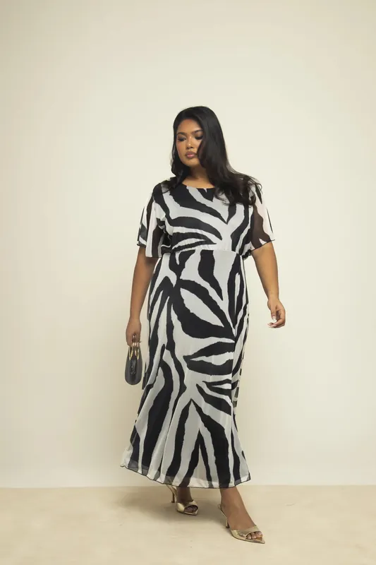 Curve Zebra Print Flutter Sleeve Aline Mesh Midaxi Dress - FASHION-SZN