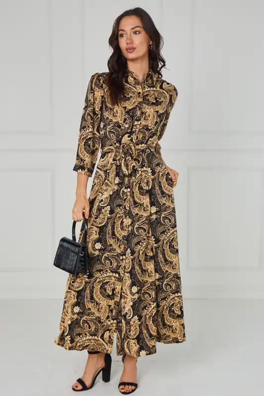Gold Ornate Print Belted Maxi Shirt Dress - Love Sunshine