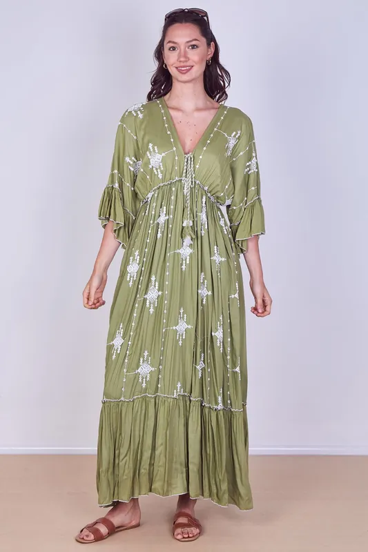 Embroidered Maxi Dress with Tassel Tie - ELAINA FASHION