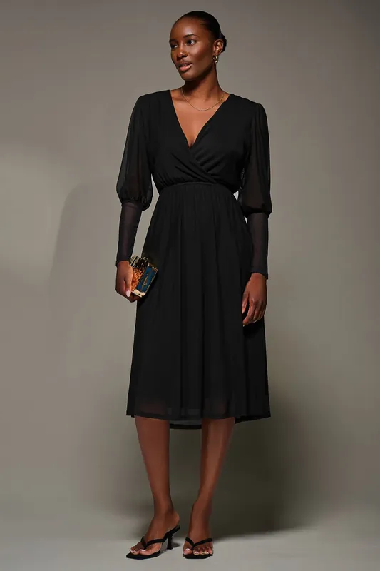 Mesh Long Puff Sleeve Wrap Midi Dress - Jolie Moi
