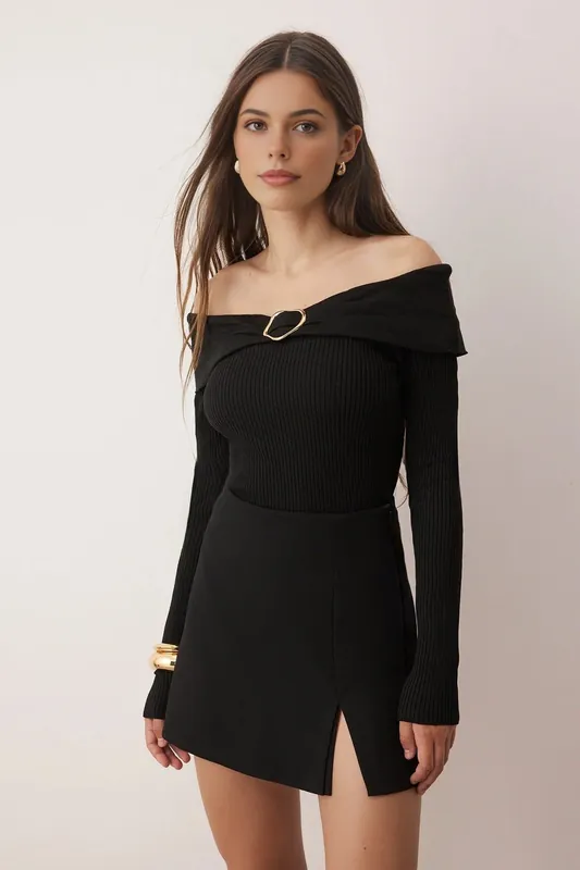 Off-Shoulder Rib Knit Jumper with Gold Ring Detail