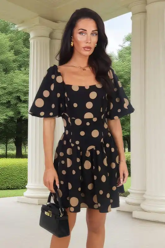 Black And Stone Polka Dot Puff Sleeve Mini Dress - AX Paris