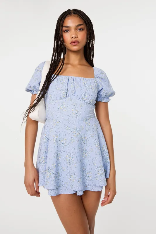 Blue Bow Back Ditsy Puff Sleeve Playsuit - Pink Vanilla
