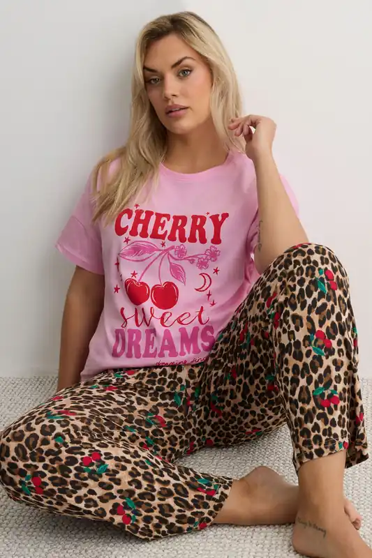 Cherry & Leopard Print Pyjama Set - Yours