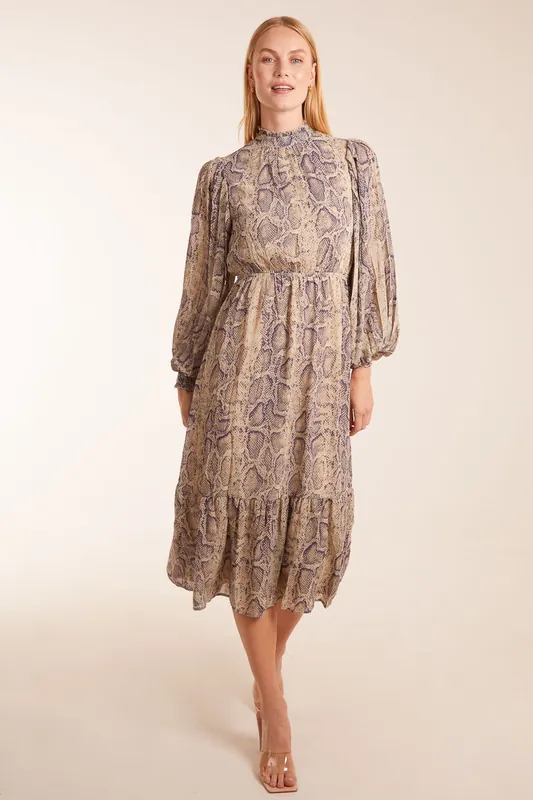 High Neck Pleated Sleeve Reptile Midi Dress - Blue Vanilla