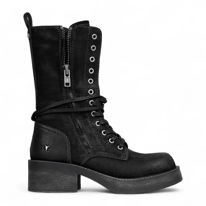 Suede Combat Boots Mid-Calf Lace-Up Biker Shoes