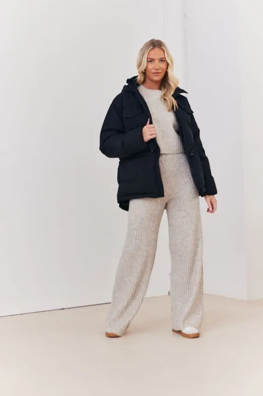 Black Hooded Drawstring Waist Puffer Coat - In The Style