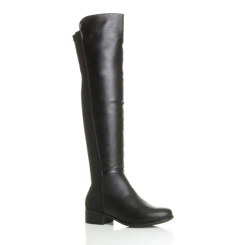 Low Heel Elastic Gold Zip Over The Knee Boots - AJVANI