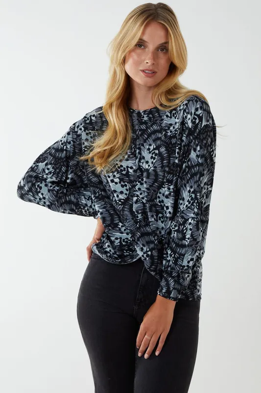 Black Butterfly Print Knot Top - Blue Vanilla