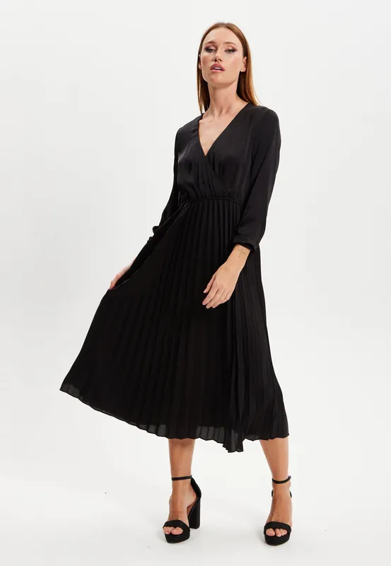 Black Midi Dress With Pleat Details - Liquorish