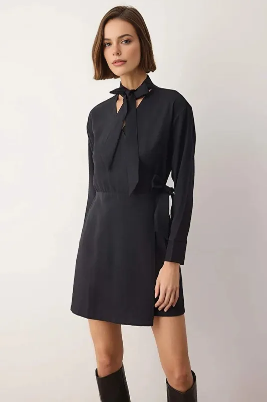 Woven Mini Dress with Tie Neck Detail - WOVCOR