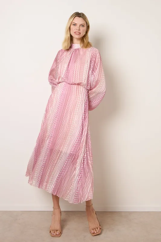 Pink Zig Zag Metallic High Neck Puffball Pleated Dress - Blue Vanilla