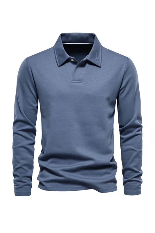 Solid Cotton Long Sleeve Polo Shirt - MODISHION