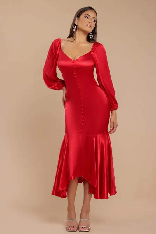 Satin Viscose Front Buttoned Dipped Hem Midaxi Dress - Goddiva