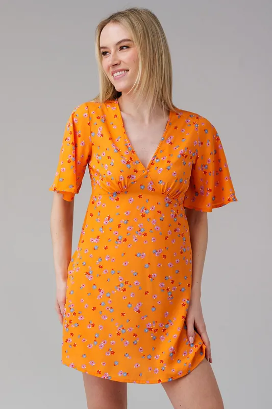 Ditsy Floral Print V-Neck Short Flutter Sleeve Mini Dress