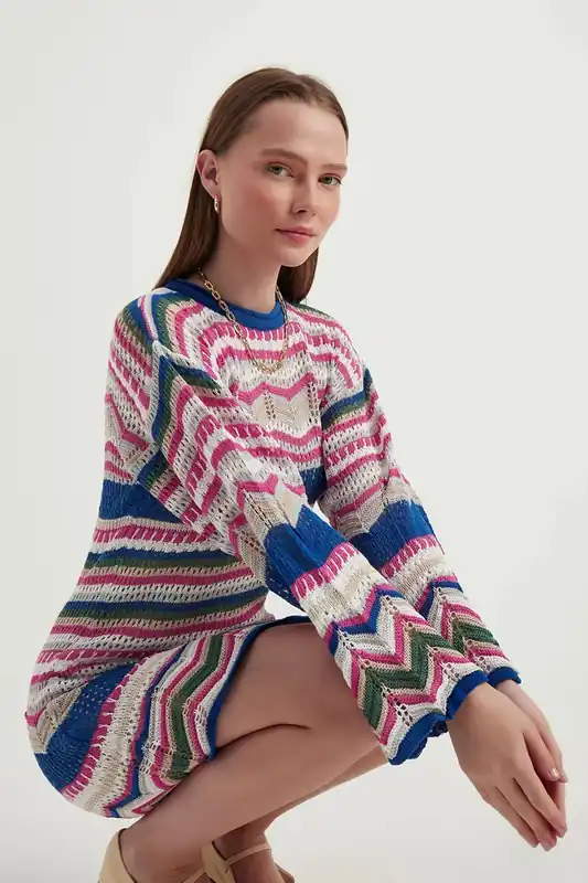 Geometric Crew Neck Crochet Bell Sleeves Mini Dress - Hiccup