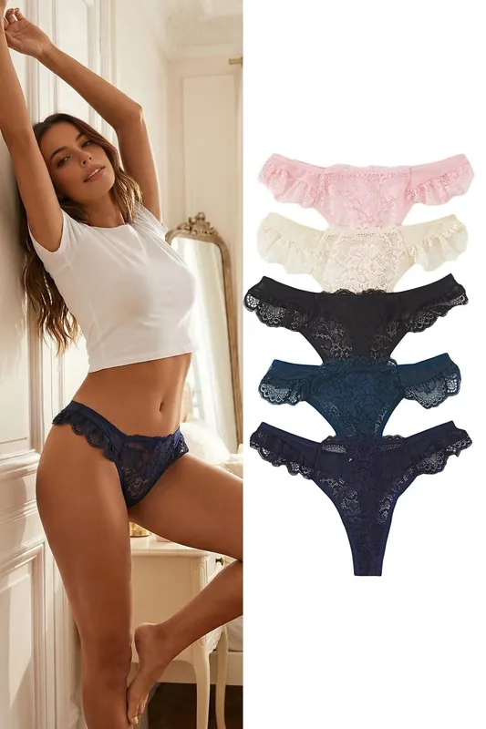 5 Pack Floral Lace Frill Trim Brazilian Briefs Set - WOVCOR
