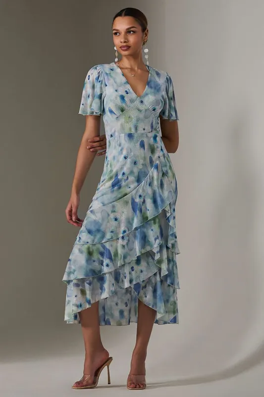 Mesh Print Frill Hem Midaxi Dress - Jolie Moi