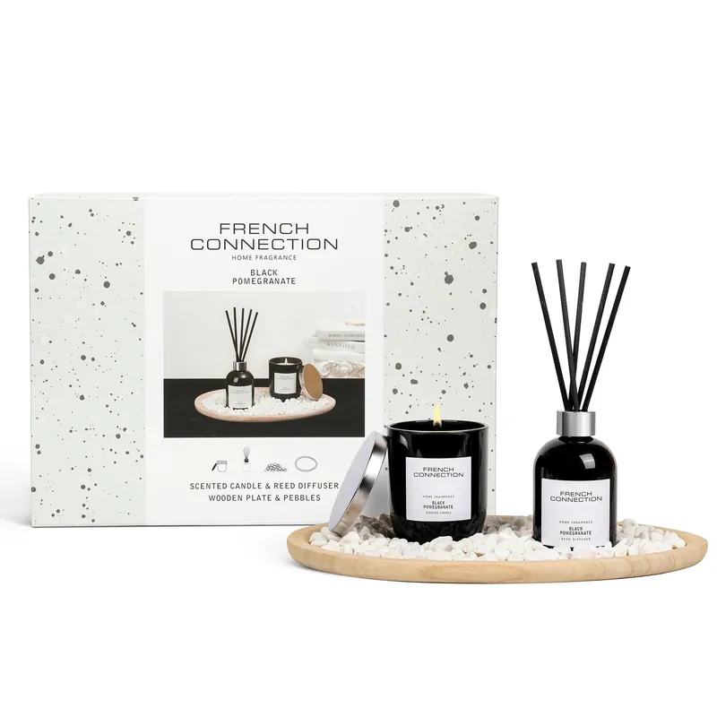 Black Pomegranate Home Fragrance Gift Set, Scented Candle & Reed Diffuser with Wooden Plate & Pebbles - French Connection