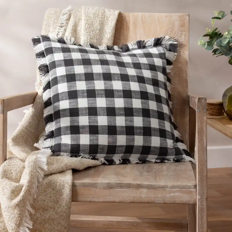 Barton Check Fringed 100% Cotton Cushion - Yard