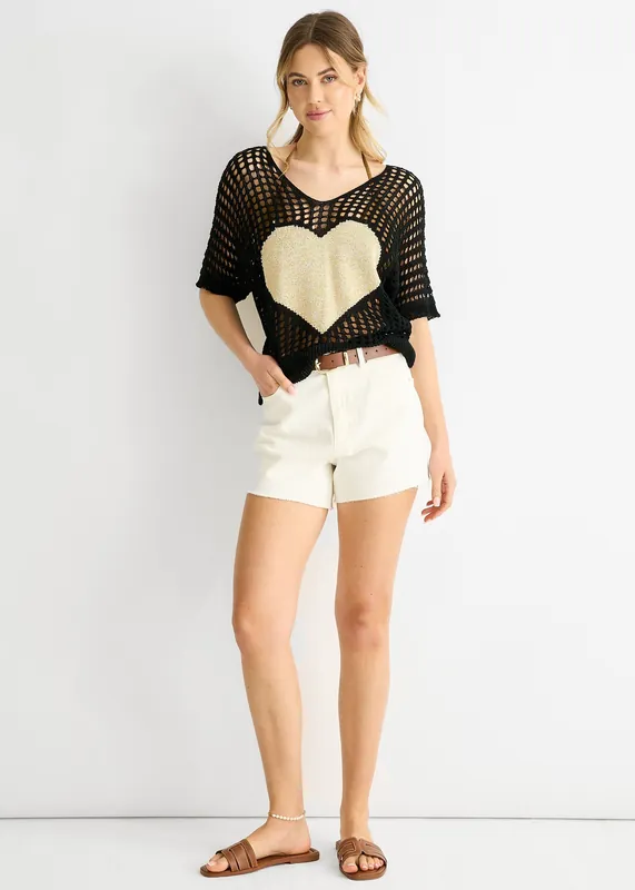 Black Fish Net Heart Pattern Crochet Top - Gini London