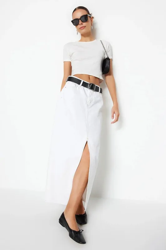 High Waist Split Front Maxi Denim Skirt - WOVCOR