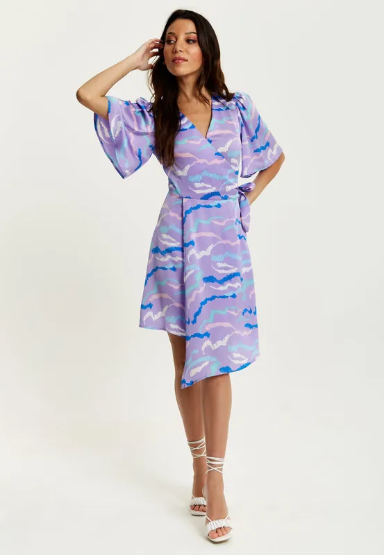 Mini Abstract Zebra Print Wrap Dress In Lilac - Liquorish