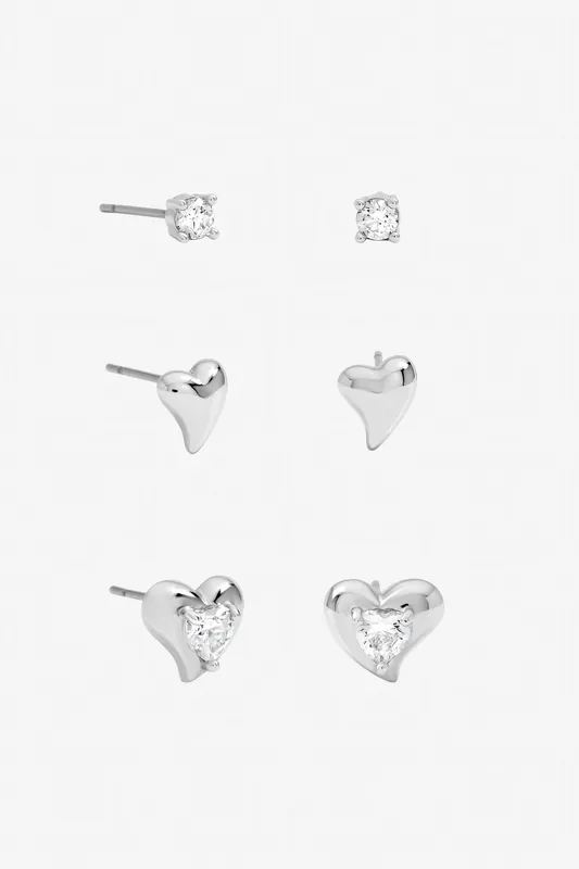Rhodium Plated and Cubic Zirconia Heart Earrings - Multipack