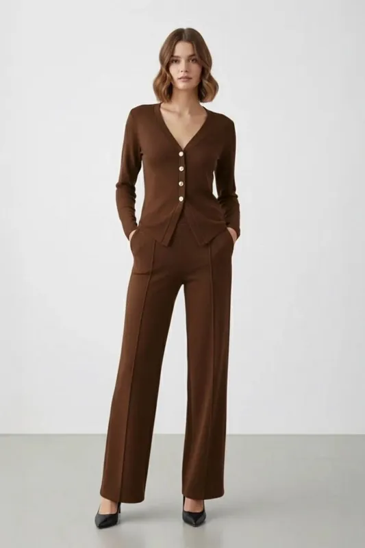 Long Sleeve Button-Up Top and Wide Leg Trouser Co-ord Set