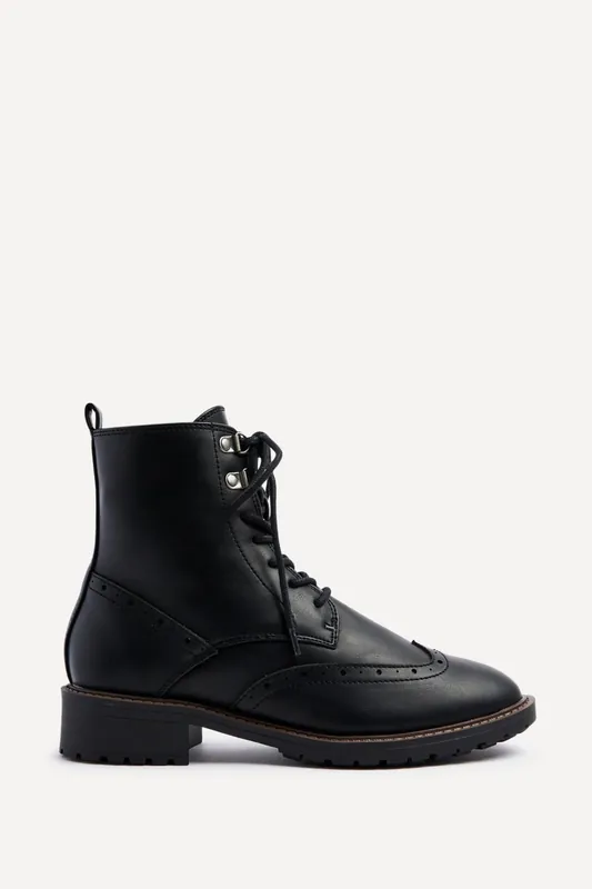 Ashleigh Black Faux Leather Lace Up Military Boot - Linzi