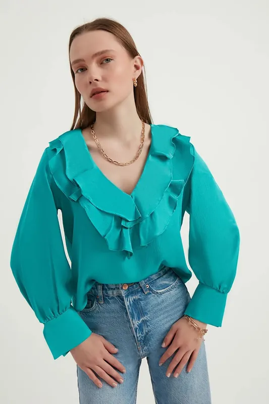 V Neck Satin Ruffled Retro Blouse - Hiccup