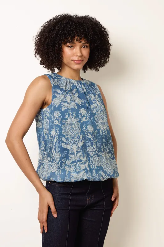 Blue Paisley Rhinestone Detailed Bubble Hem Blouse - Blue Vanilla