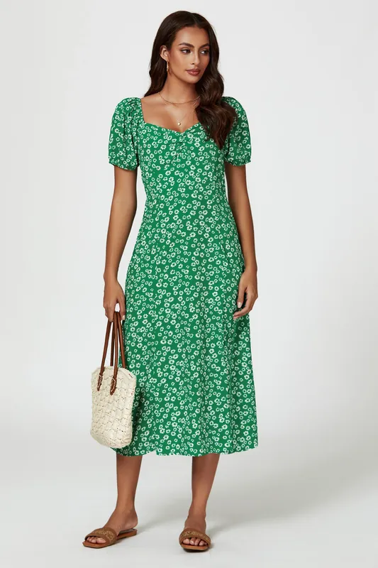 Puff Sleeve Heart Neckline Midi Dress In Green - FS Collection