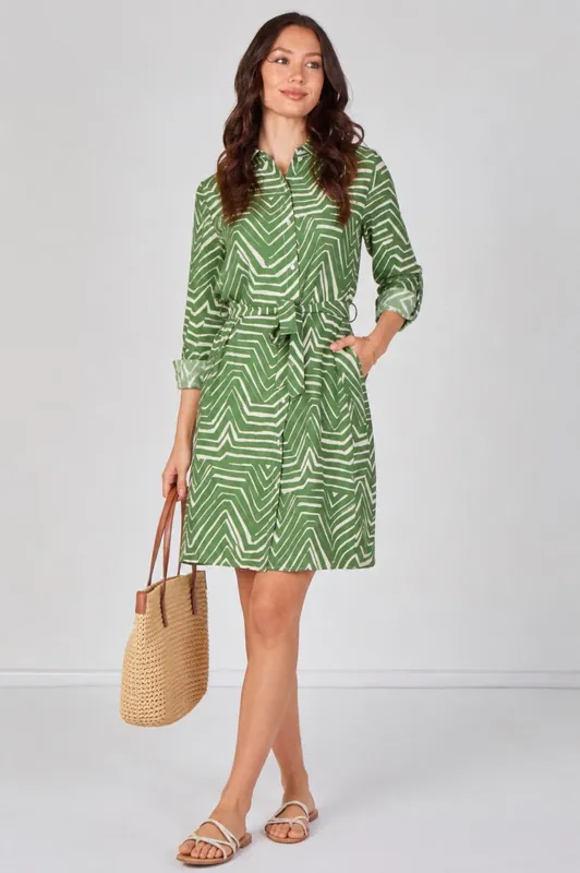 Green Geometric Print Long Sleeve Mini Shirt Dress - Love Sunshine