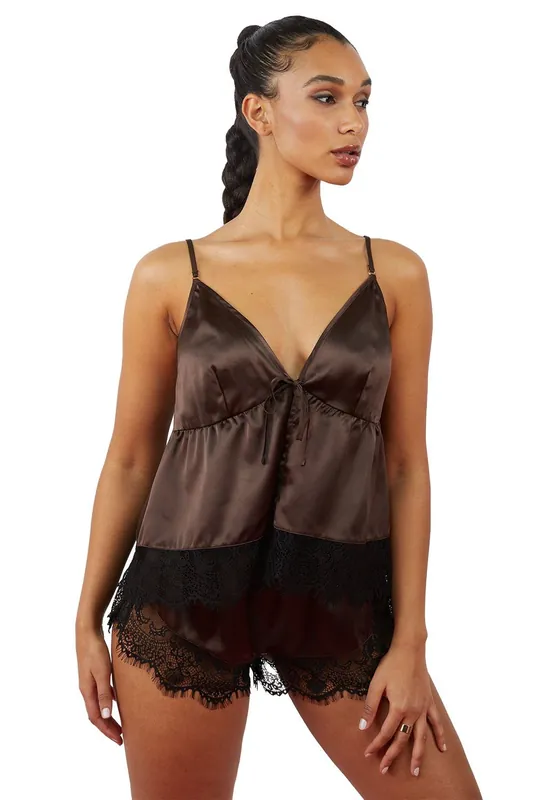 Alaia Chocolate Brown Caged Cami 'Pyjama Top & Shorts' - Wolf & Whistle
