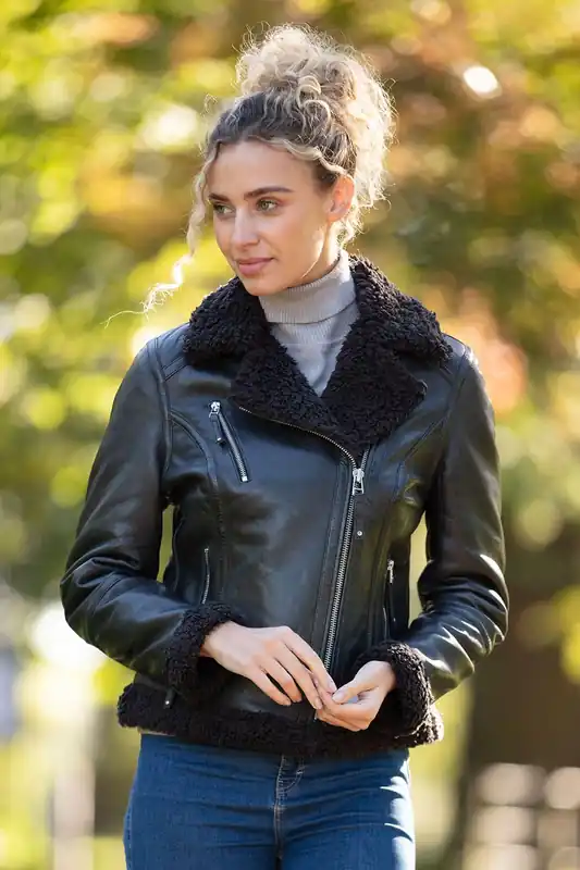 2418' Ladies Leather Biker Jacket with Faux Fur - Ashwood Leather