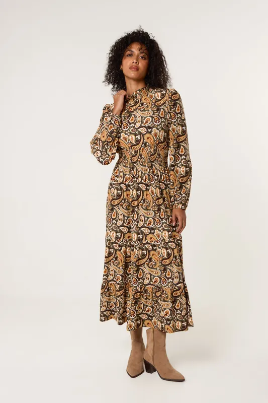 Khaki Paisley High Neck Shirred Waist Dress - Blue Vanilla