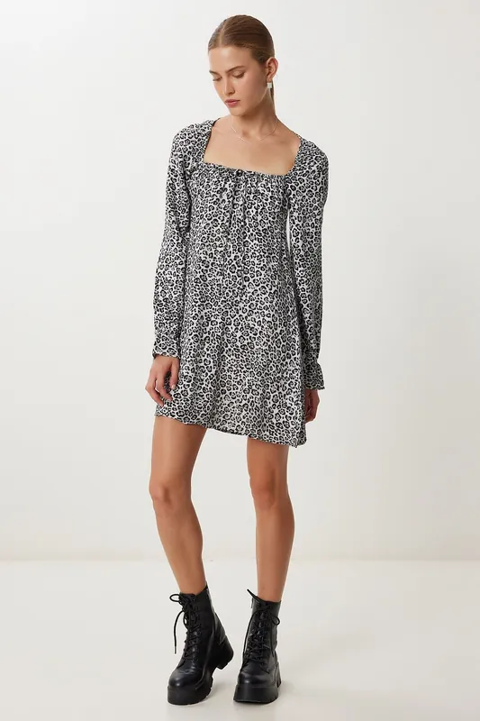Leopard Print A-Line Mini Dress with Tie Detail
