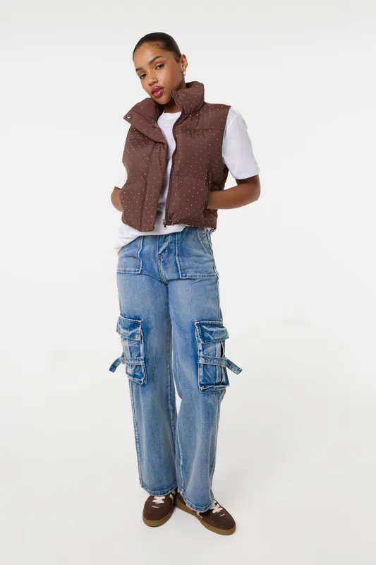 Brown Diamante Puffer Gilet - Pink Vanilla