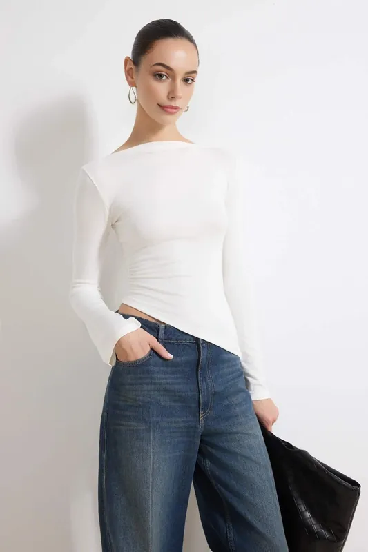 Slash Neck Fitted Long Sleeve Cropped Top - WOVCOR