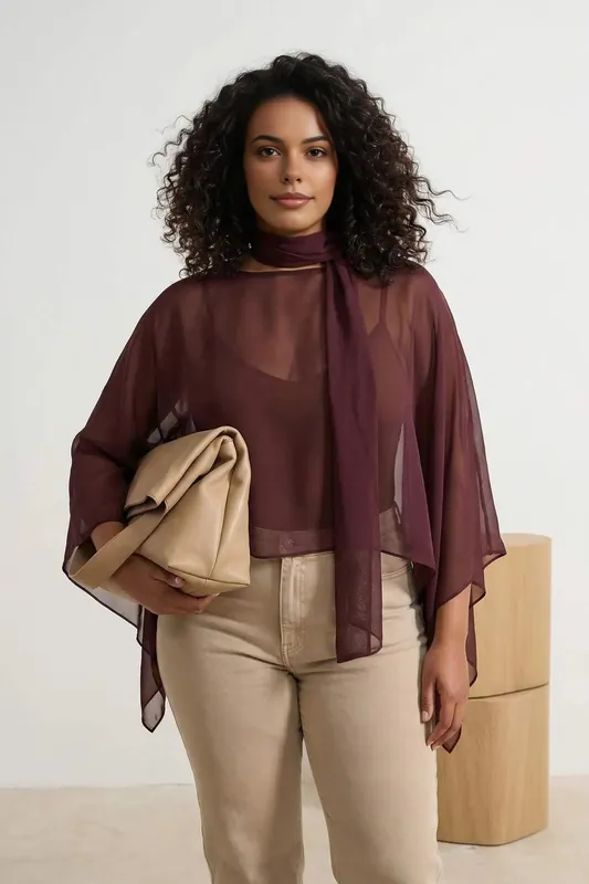 Sheer Tie Neck Batwing Sleeve Top - WOVCOR