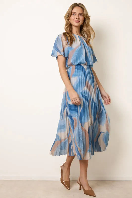 Blue Short Sleeve Pleated Midi Dress - Blue Vanilla