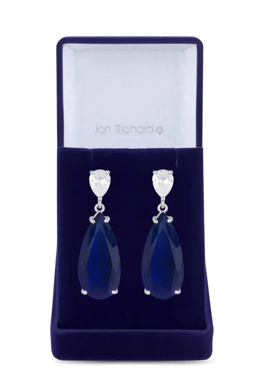 Rhodium Plated Cubic Zirconia Blue Peardrop Earrings - Gift Boxed