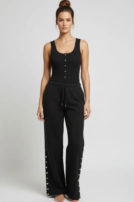 Button Detail Ribbed Bodysuit and Fleece Jogger Two-Piece Set