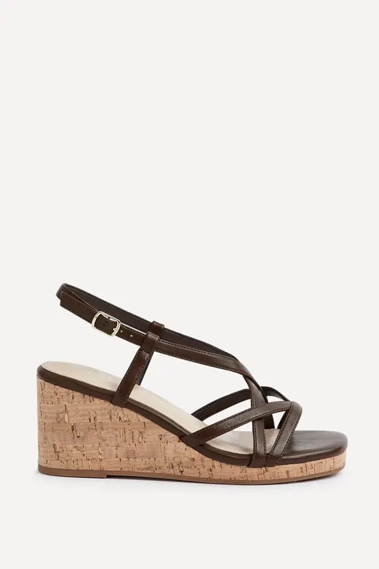 Safiya Brown Faux Leather Strappy Wedges - Linzi
