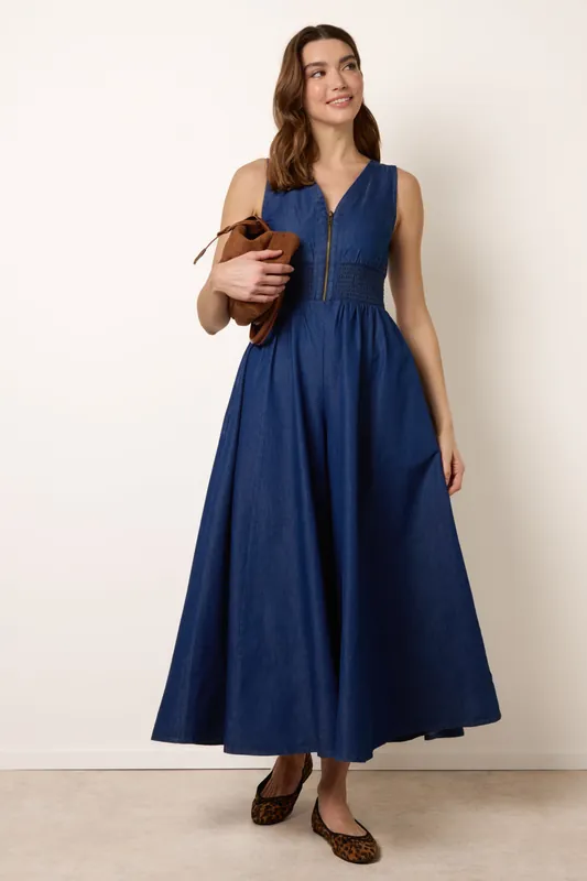 Dark Indigo Shirred Waist Zip Front Jumpsuit - Blue Vanilla