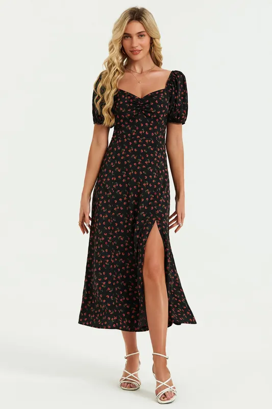 Puff Sleeve Heart Neckline Midi Dress In Black - FS Collection