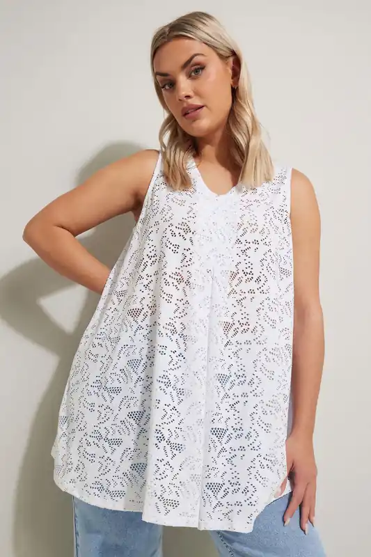 Broderie Anglaise Pleat Front Swing Vest Top - Yours